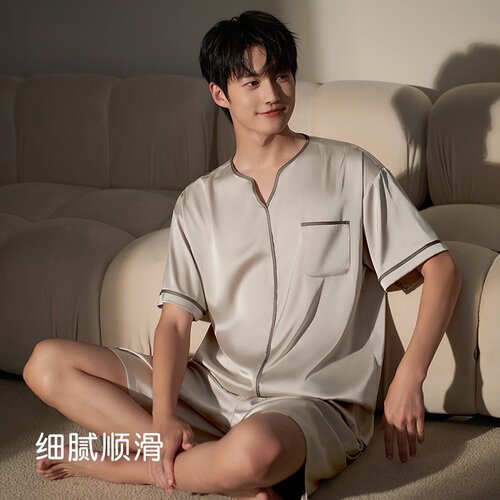 维多利亚男士桑蚕丝短袖睡衣套装