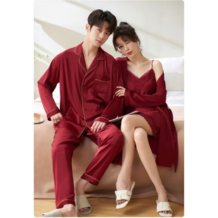维多利亚睡衣女新娘晨袍桑蚕丝新婚情侣套装 真丝男高档红色本命年