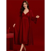 睡裙套装 维多利亚睡衣红色结婚真丝女款 性感桑蚕丝新娘晨袍春秋季