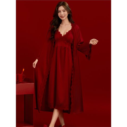 维多利亚红色结婚真丝女款睡袍