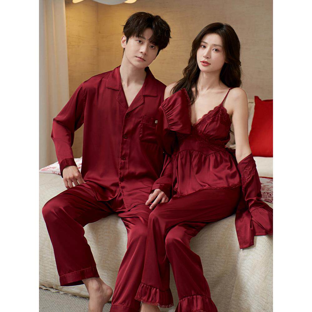 真丝情侣睡衣女春夏季长袖桑蚕丝红色性感吊带带胸垫家居服两件套