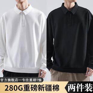 280G新款男士重磅棉质长袖POLO衫男士上衣春秋纯色宽松翻领T恤男