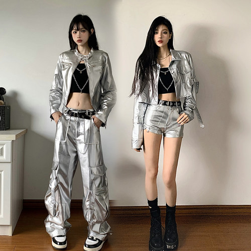 爵士舞服女辣妹PU皮酷飒银色外套