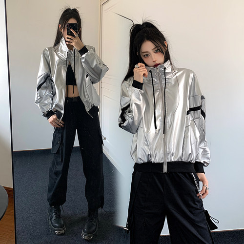 未来感辣妹机车套装银色长袖外套
