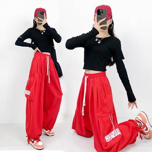 嘻哈风格爵士舞蹈套装跳jazz女团表演出服工kpop打歌上衣黑红裤子