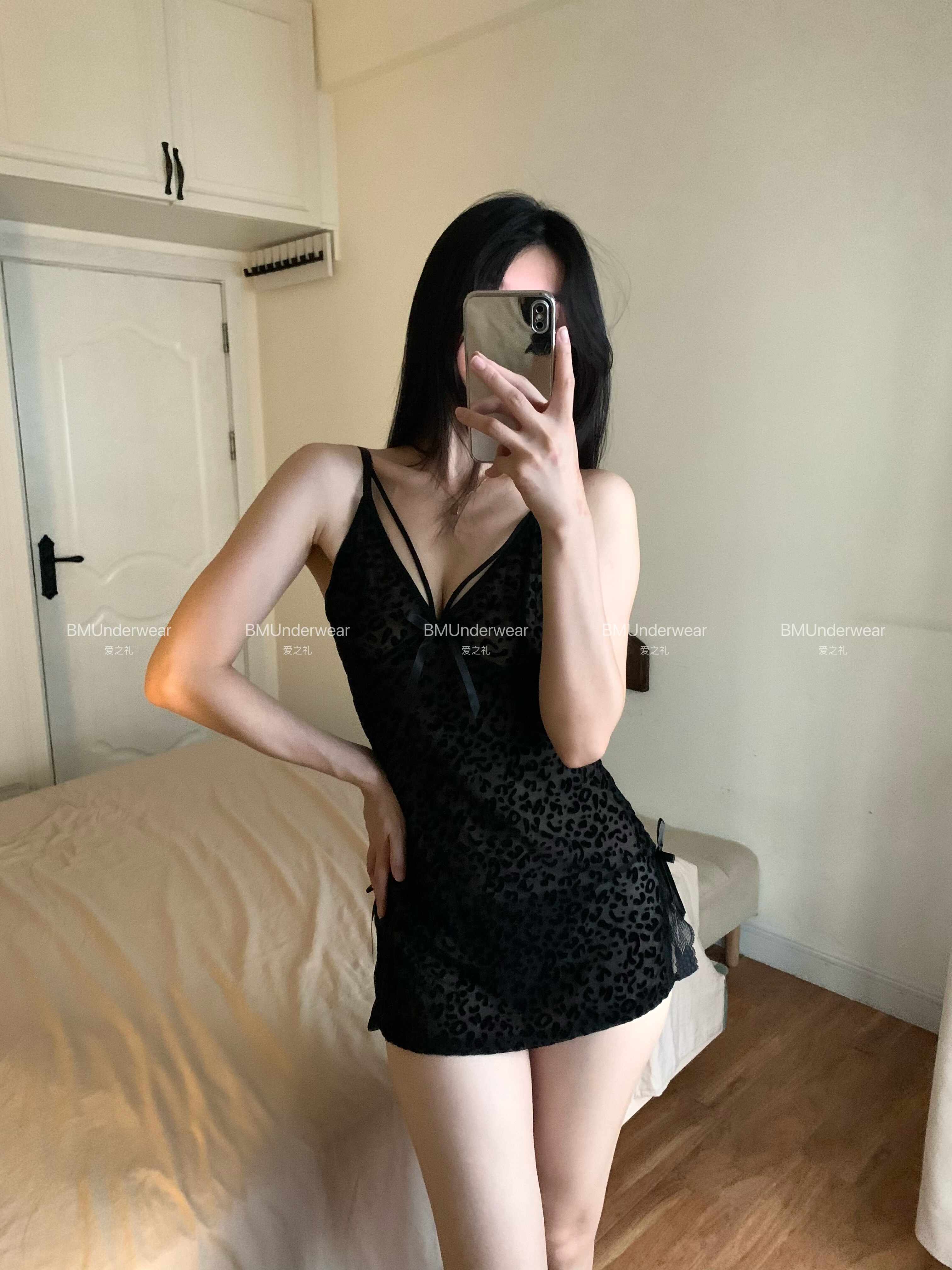 爱之礼黑色绑带豹纹性感吊带睡裙女薄款纯欲风高级感睡衣家居服