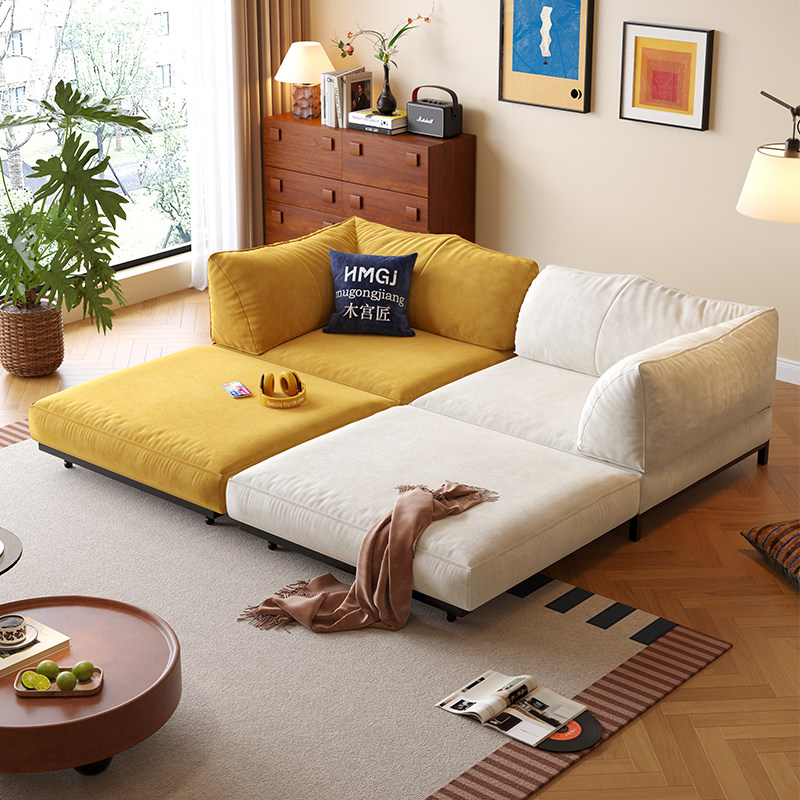 木宫匠家具牛角包沙发床拼色一体两用拼色钻石绒可移动榻榻米沙发