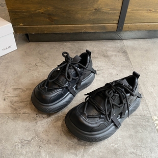 百搭松糕鞋 欧洲站网红街拍潮黑色厚底老爹鞋 女系带增高休闲运动鞋