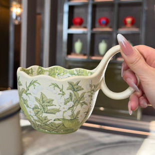 华典陶瓷马克杯曲把杯带勺早餐燕麦片碗加热牛奶铃兰花咖啡杯碟碗