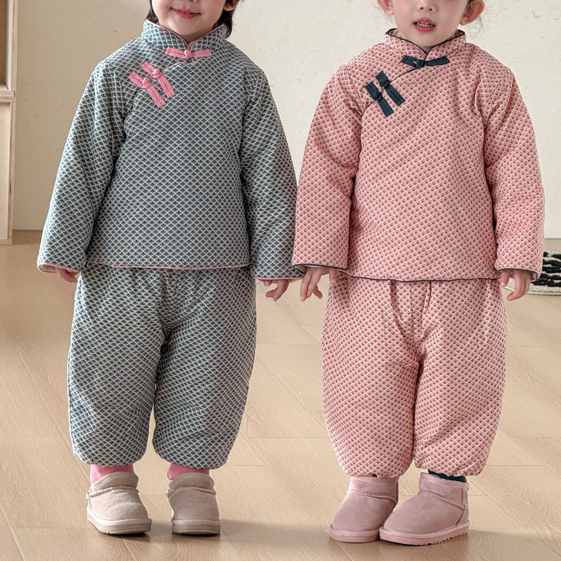 儿童唐装棉服套装中国风男女童拜年服冬季加绒宝宝过新年喜庆衣服