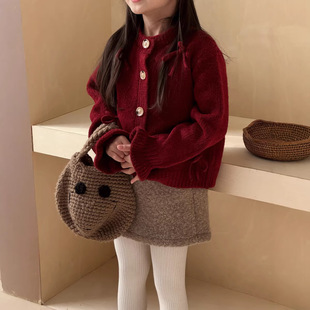 韩系秋冬装中国红女童韩版冬季毛衣 儿童立体蝴蝶结外套 新年毛衣