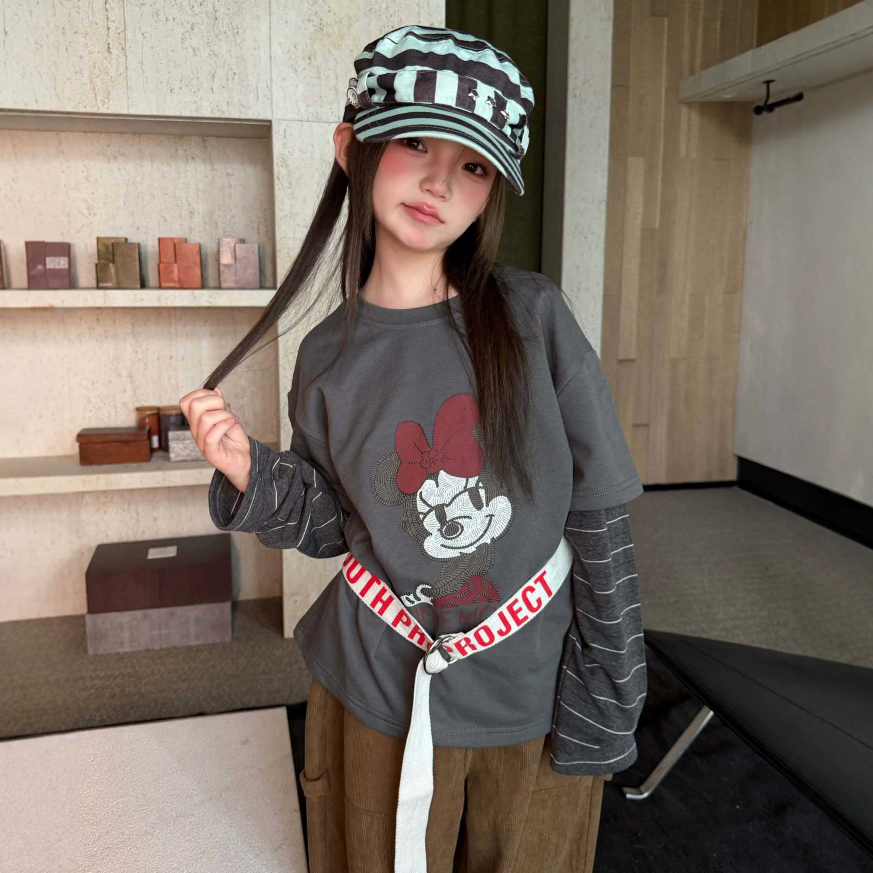 女童卡通印花条纹假两件长袖t恤2026冬韩版女孩洋气加绒内搭上衣