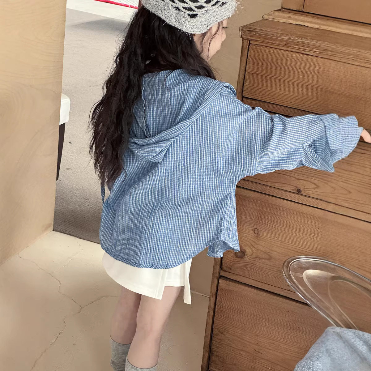 韩系夏装新款 女童夏季韩版细格子衬衫 儿童连帽格子衬衣防晒外套