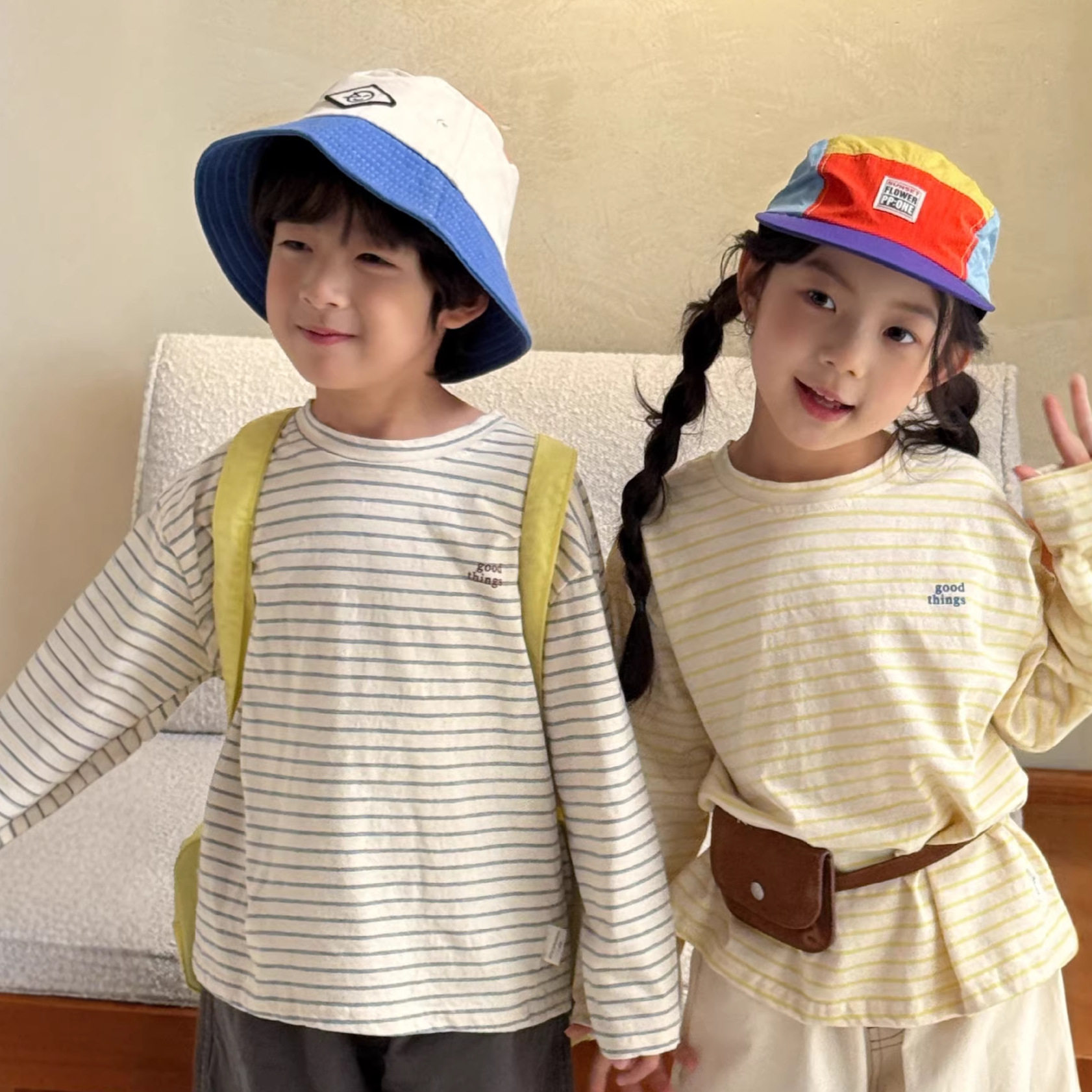 宝宝春夏休闲宽松长袖条纹T恤男女中小儿童字母印花百搭打底上衣