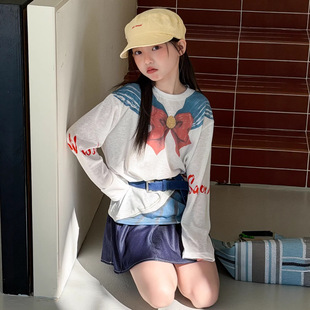 韩系新童T恤2026春女童蝴蝶结披肩领印花宽松t恤衫防晒上衣打底衫