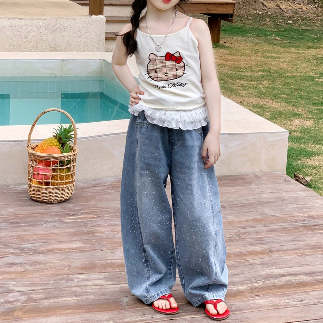 女童烫钻牛仔裤2026春夏新款韩版女宝宝洋气百搭宽松版型长裤童裤