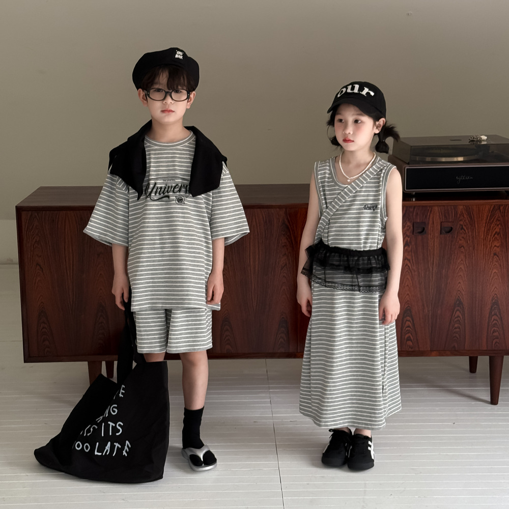 童套装2025夏季男女童韩版条纹字母卫衣裙儿童短袖短裤休闲夏装新