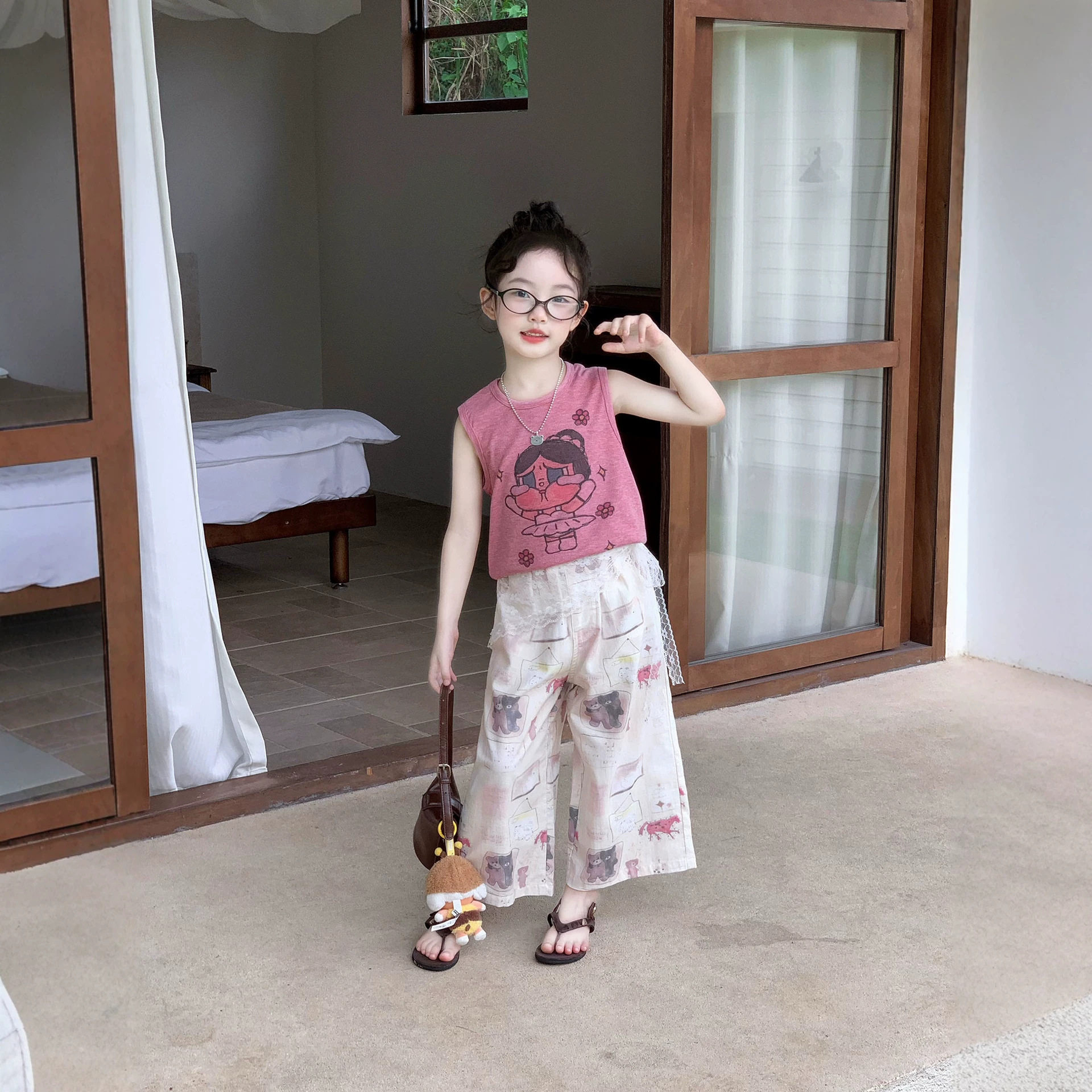 女童韩版裤子2026夏季新款童装中小童满印小熊棉布裤卡通坑条背心