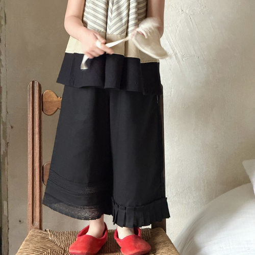 韩系童装2026夏季新款女童裤子黑色亚麻裤不规则阔腿防蚊裤子夏装