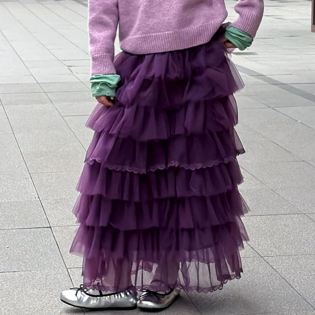 女童紫色网纱蛋糕裙2026秋荻新款儿童多层蕾丝半身裙洋气蓬蓬长裙