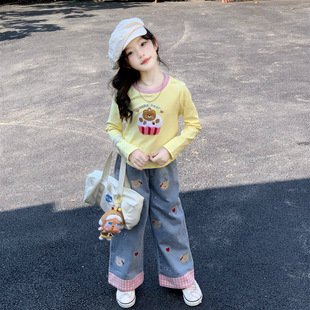 2026春季新款 女童洋气卡通长袖打底衫爱心小熊格子牛仔裤子春装