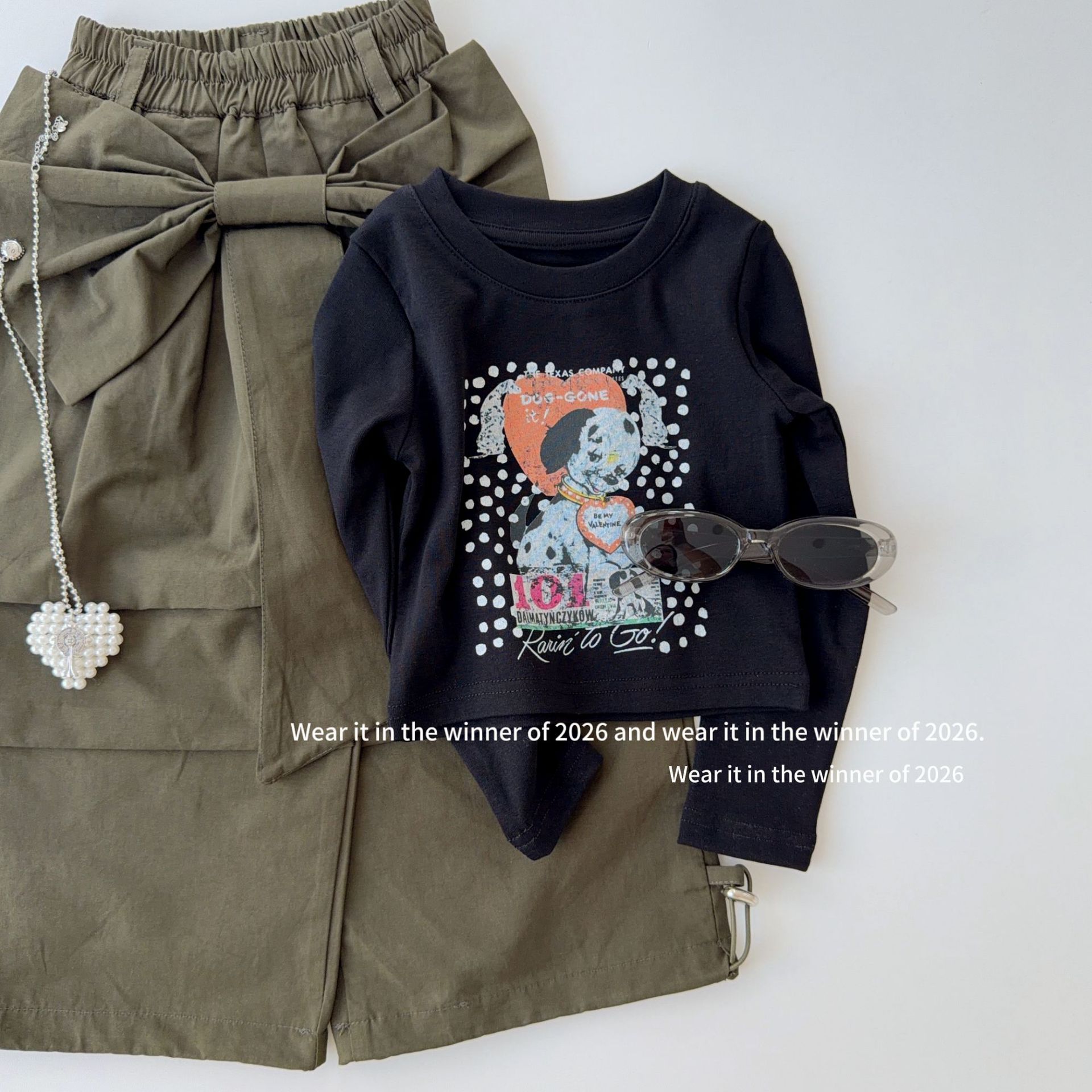 2026秋款韩版女童纯色设计感前蝴蝶结 甜美宽松阔腿长裤子秋装韩