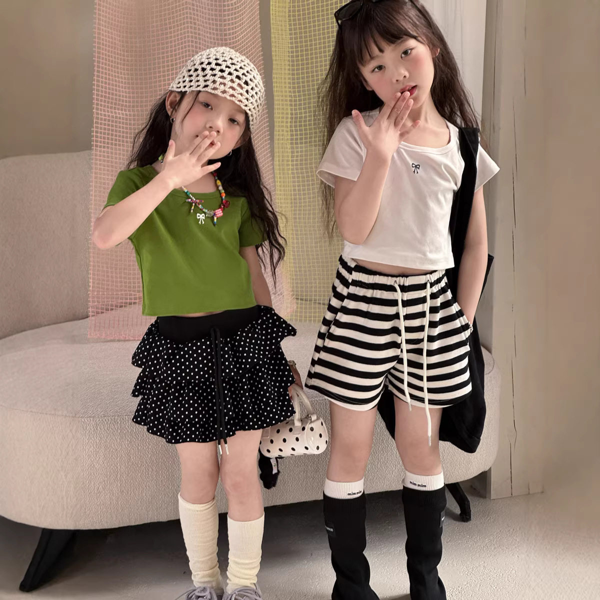 韩系夏装 女童正肩T恤潮女宝宝夏新款修身甜辣内搭短款蝴蝶结上衣