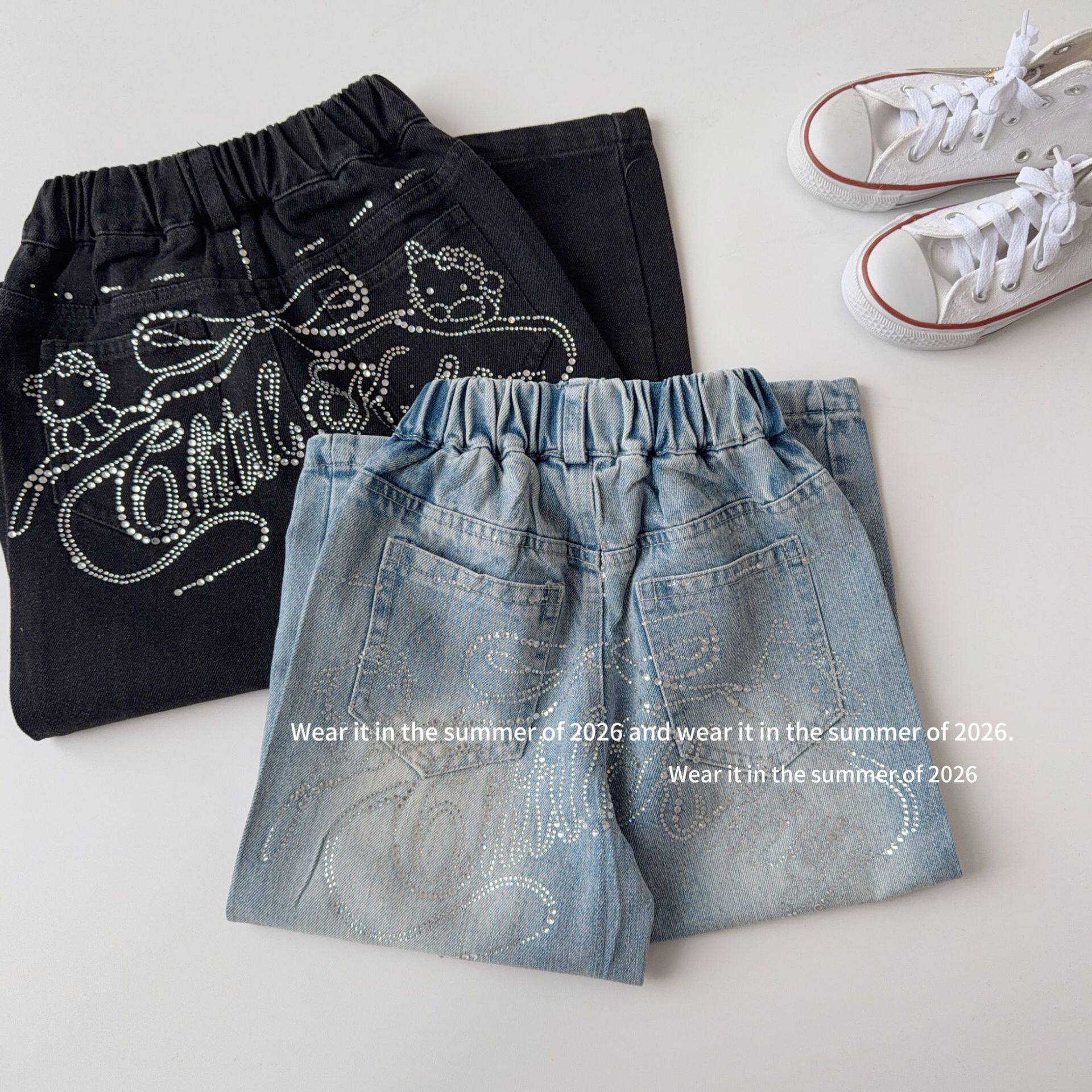 【亮】女童烫钻牛仔裤2026春款超好看独特洋气中小童阔腿裤直筒裤