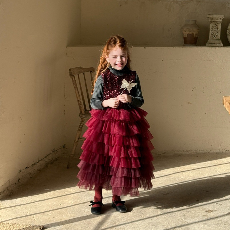 橙乐2025冬韩版女童亮闪闪网纱公主背心裙 女童渐变网纱蓬蓬裙子