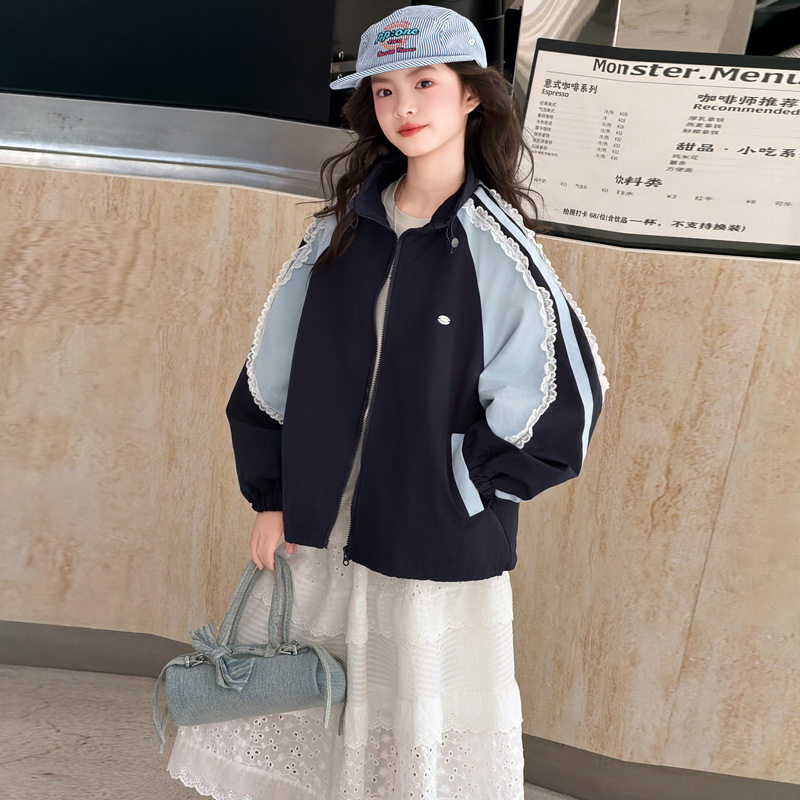 童装女中大童2026春秋新款韩版蕾丝撞色外套女孩百搭拉链棒球服潮