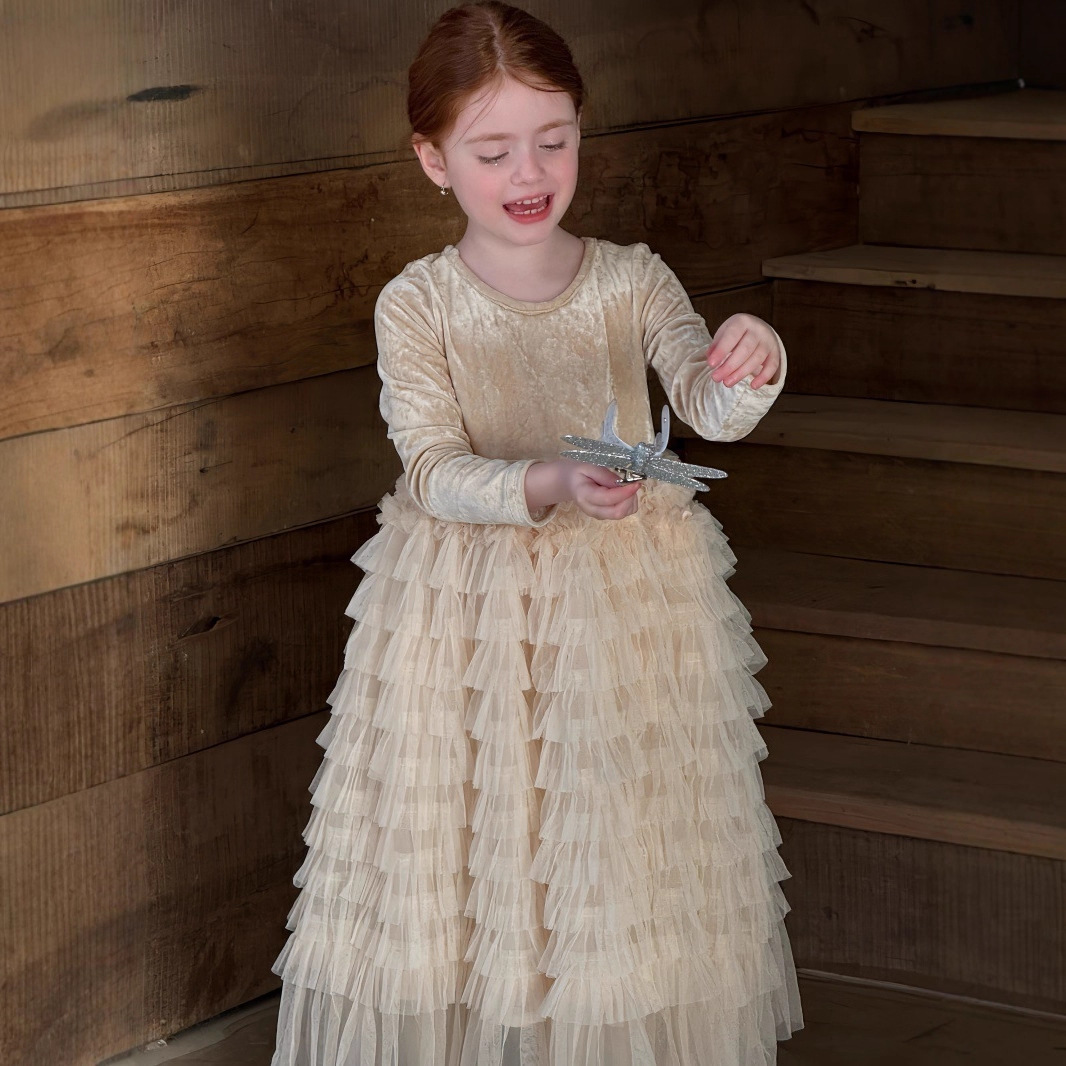 橙乐25冬季韩版女童丝绒网纱连衣裙女童生日公主长裙内搭裙子年服