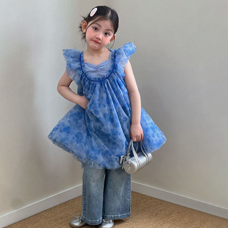 女童夏季2026新款儿童花朵吊带网纱裙百搭微喇牛仔裤子潮流韩系夏