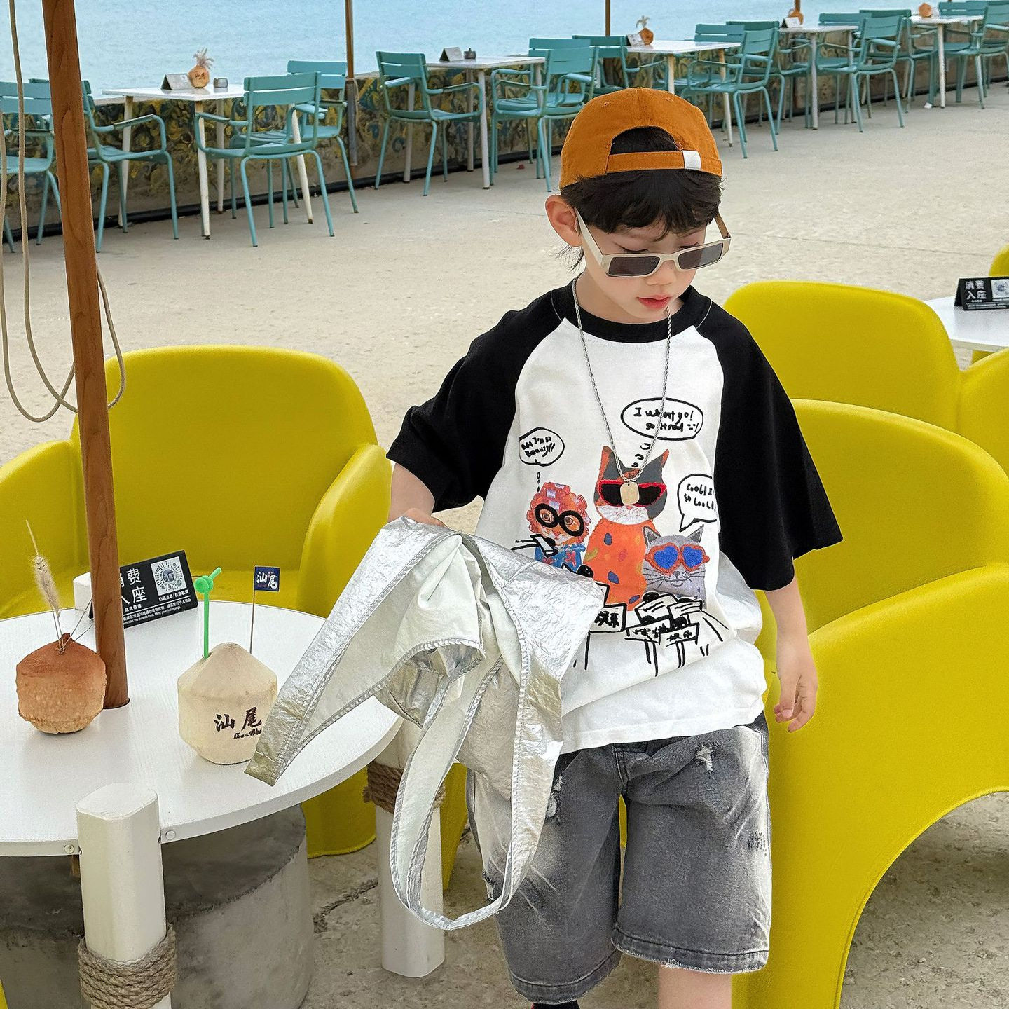 韩系 2026夏季新款韩版儿童卡通纯棉插肩袖百搭T恤男童短袖上衣潮