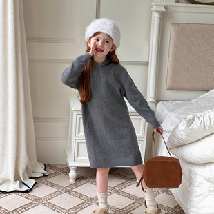 韩系秋冬装女童纯色甜美风毛线裙连衣裙子保暖打底洋气连帽毛衣裙
