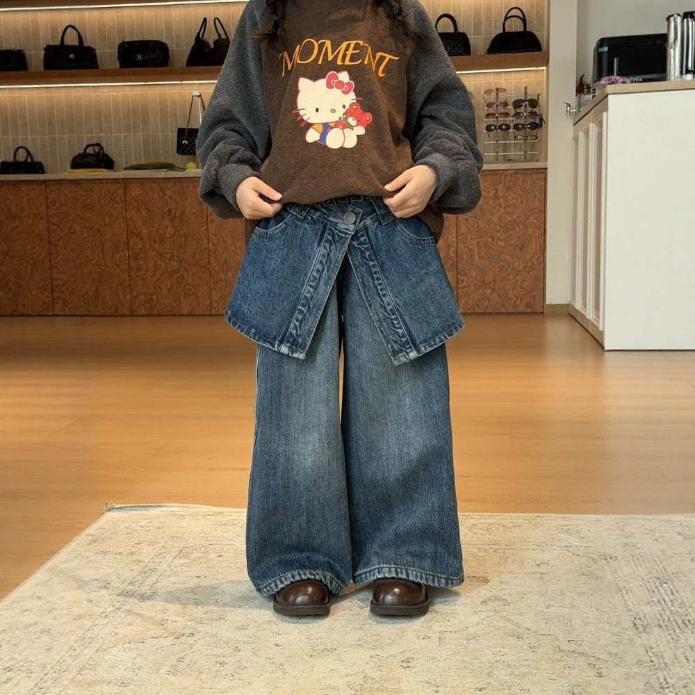 韩系童裤2026冬季女童韩版屁帘牛仔直筒裤儿童加绒百搭纯色长裤子