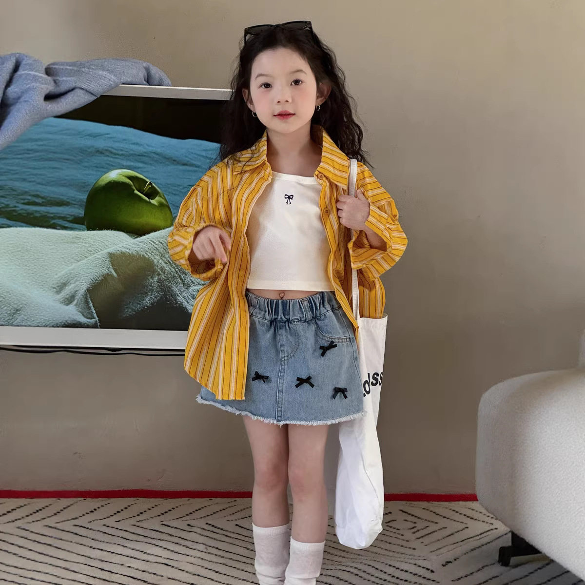 韩系春夏装 女童春夏新款宽松条纹长袖衬衫 儿童系带露背衬衣外套