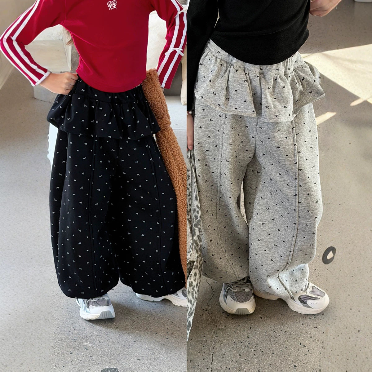 女童冬季屁帘阔腿裤灯笼裤 韩系蝴蝶结印花宽松休闲加绒卫裤子暖