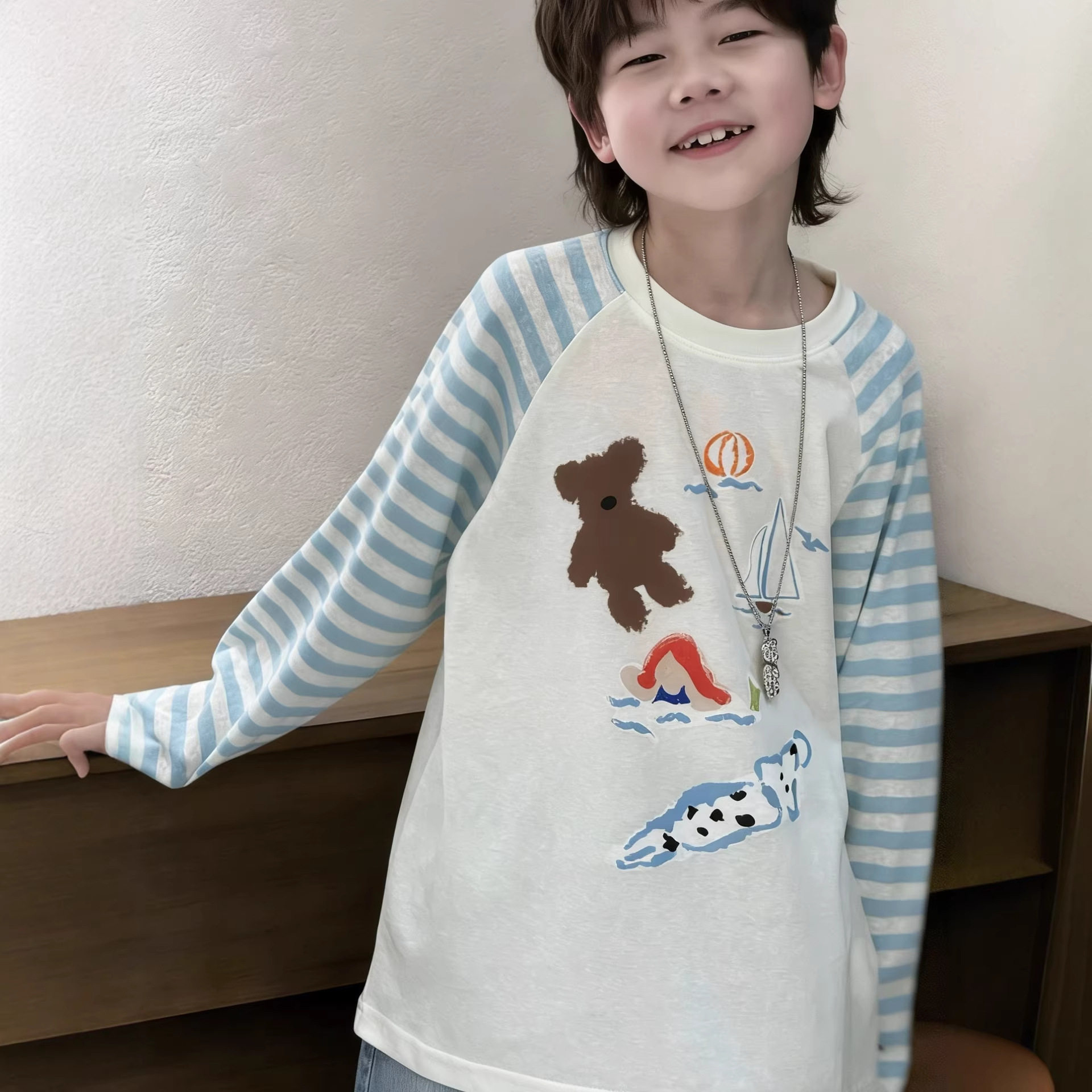 男童夏款T恤2026新款儿童条纹长袖防晒衣插肩袖中大童春薄款打底t