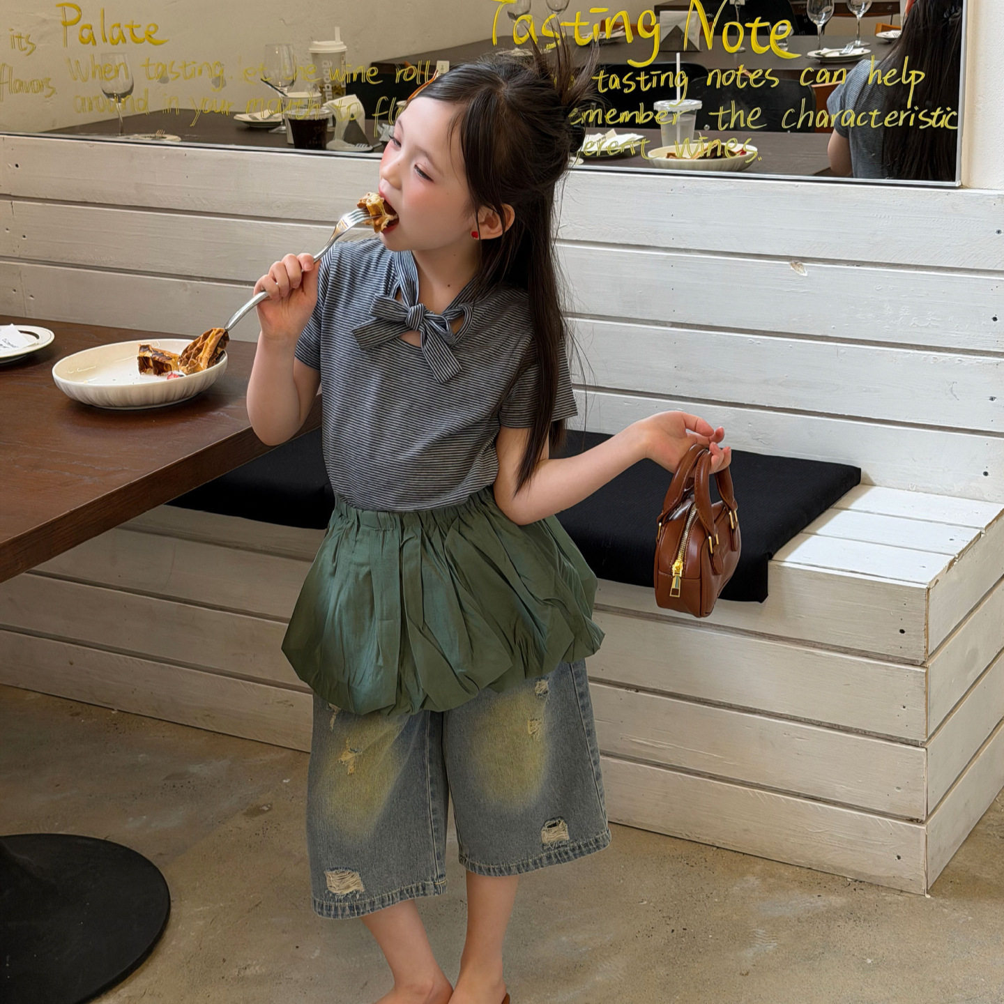 夏装女童2026夏季新款条纹短袖儿童领结半袖蝴蝶结上衣韩版打底衫