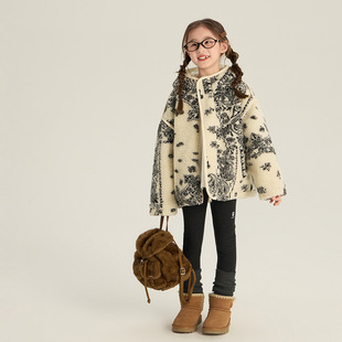 韩系保暖冬装 连帽保暖女童中大棉袄洋气新儿童腰果花毛绒棉服外套