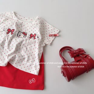 2026女童可爱Kitty蝴蝶结刺绣波点短袖T恤女夏辣妹修身设计感上衣