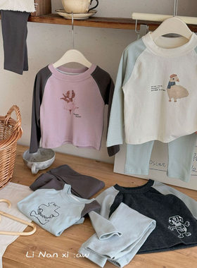 韩系 儿童插肩袖家居服a类26秋新款抓绒保暖卡通秋衣套装莱卡棉暖