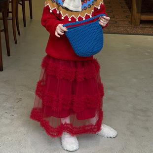 韩系秋冬装女童圣诞新年装红色长款半身裙子纱裙气质公主风洋气新