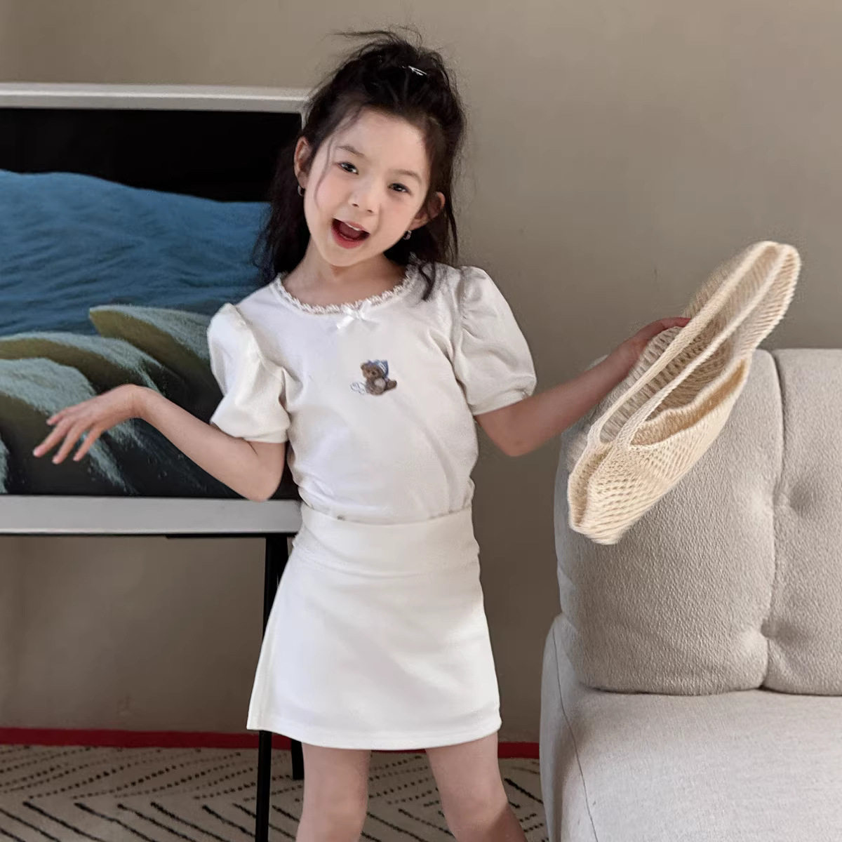 韩系夏装女童夏季新款韩版小熊印花T恤 儿童蕾丝大圆领泡泡袖上衣