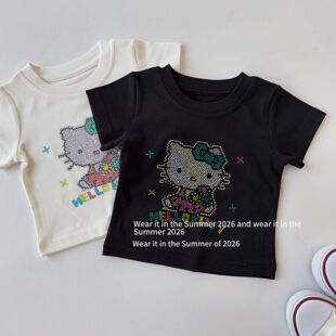 儿童短袖t恤夏装2026新款kt猫女童弹力上衣中小童半袖薄款体恤衫
