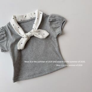 复古波点蝴蝶结领短袖T恤 女童春夏新款气质短袖辣妹短款上衣韩系