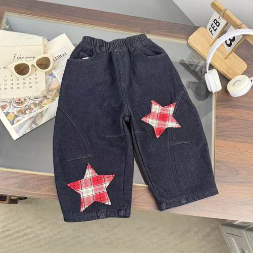 儿童装男童星星贴布秋冬款加绒加厚牛仔裤2025新款男孩冬季长裤子