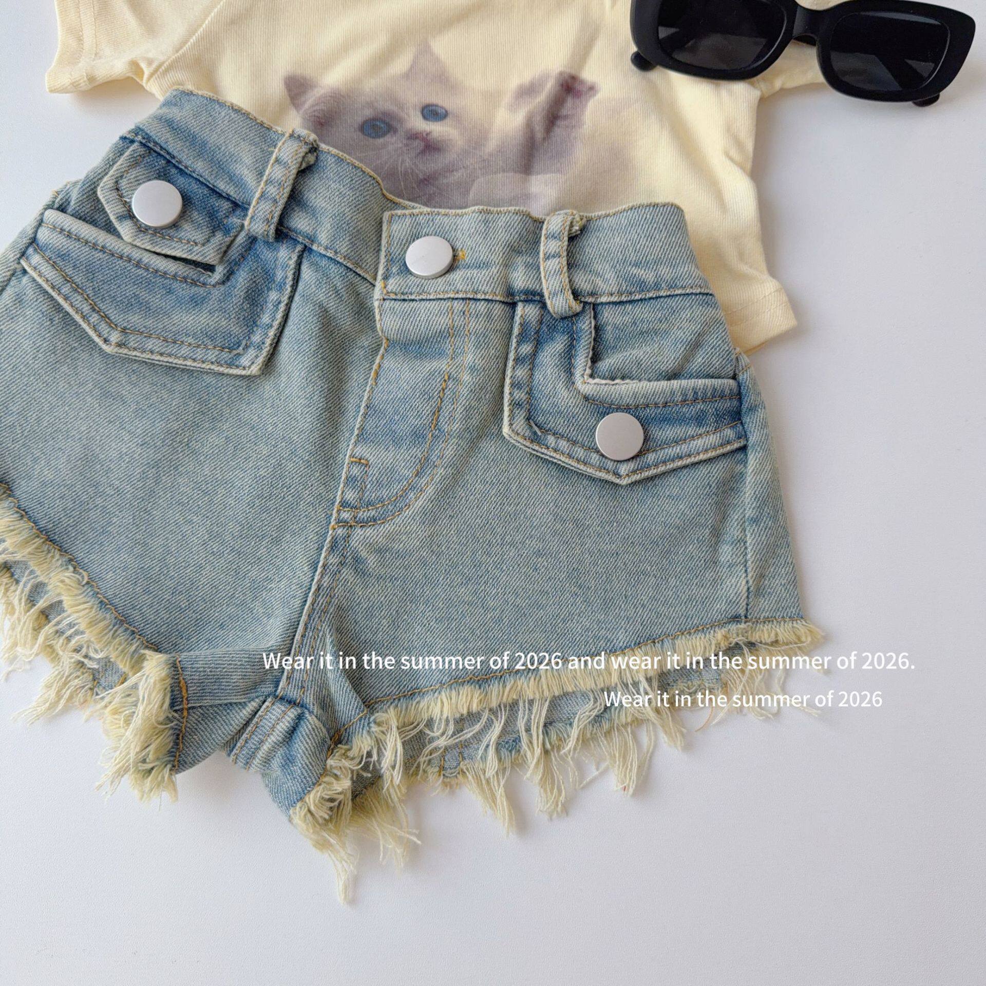 复古毛边美式2026夏辣妹裤 低腰牛仔超短裤女童新款怀旧包臀热裤