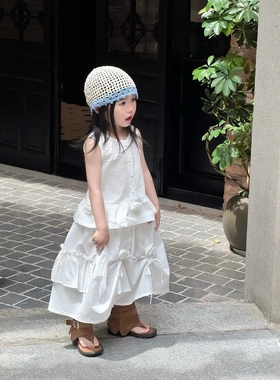 韩版女童套装2026夏款甜美白色立体花朵设计感无袖上衣长裙两件套