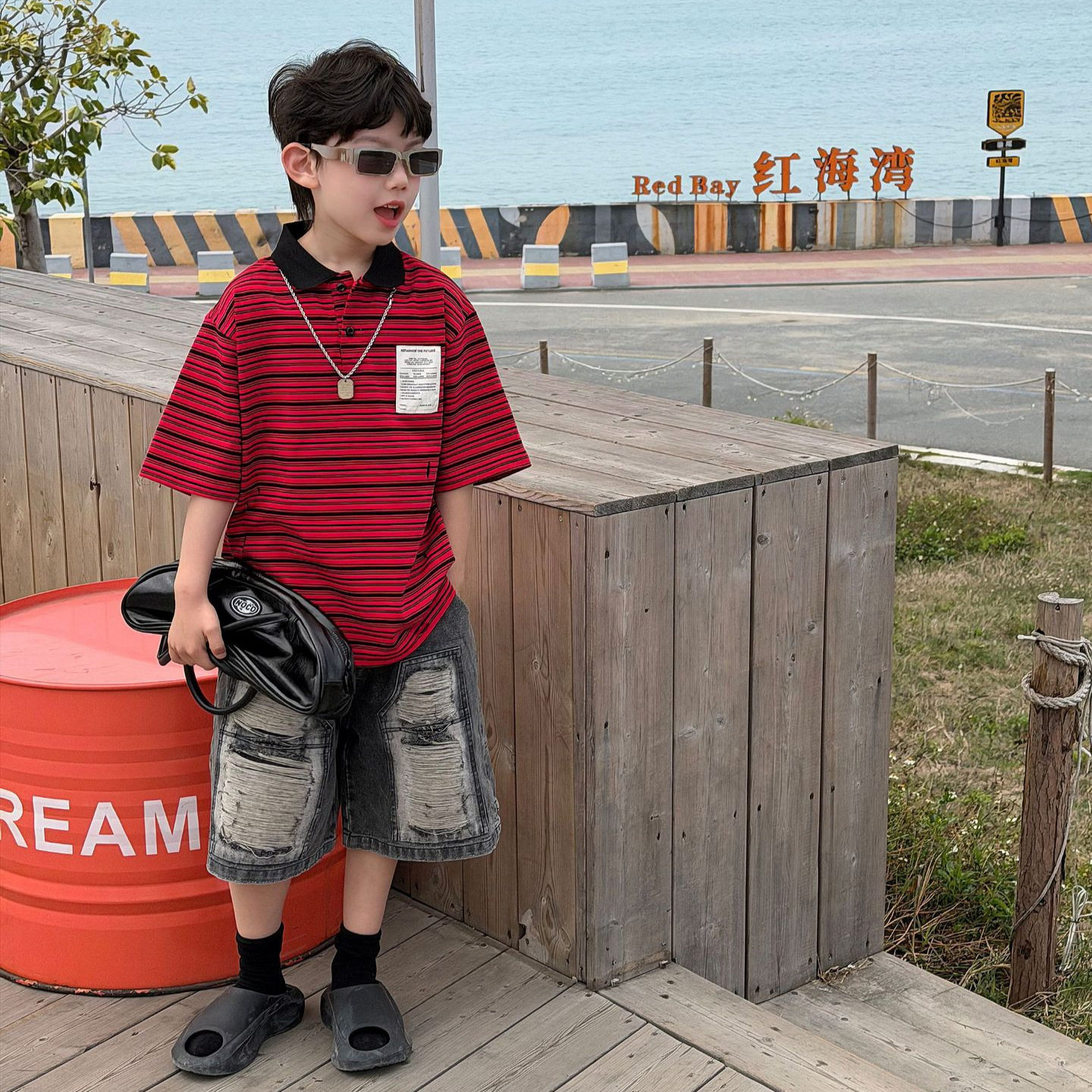 韩系 2026夏季新款韩版儿童条纹polo领纯棉T恤男童休闲百搭短袖潮